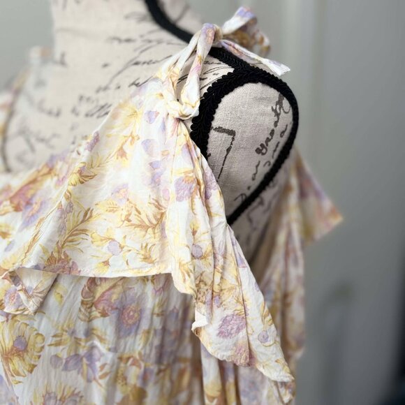 Womens Light Colored Floral & Lightweight Blouse with Shoulder Tie Cold Shoulder - Picture 4 of 10